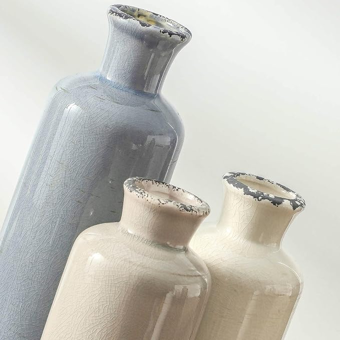 Ceramic Vase Set of 3, Neutral Flower Vases Home Decor, Pottery Rustic Farmhouse Decorative Vases Modern Decor for Table Mantel Entryway Bookshelf Living Room Kitchen Bedroom - Ocean