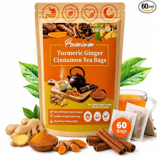 AIGGGO Turmeric Ginger Cinnamon Tea Bags, Digestive Support, 60 Count | 100% natural turmeric, ginger and cinnamon blend for digestive and immune support, no sugar, vegan and gluten-free