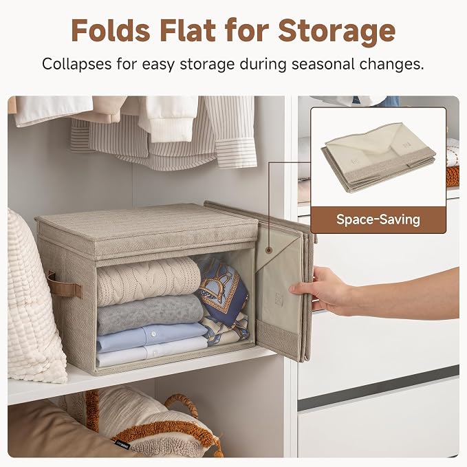StorageWorks Fabric Storage Bins with Lids, Large Closet Storage Bins | Flip-Top Lid, Clear Window, Handles, Collapsible, for Clothes Blankets Books, Closet Box, Brown and Beige, 2-Pack
