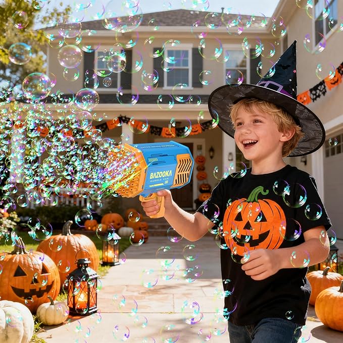 Bubble Gun Bazooka Machine with Solution - 69 Holes Blaster for Outdoor Summer Toy, Party Favors - Blue Halloween Bubble Maker Blowers for Kids