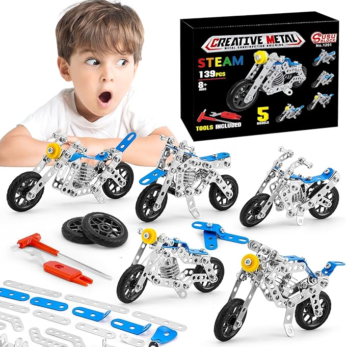 Building Kit Model Motorcycle Set, 5 in 1 Metal Motorbike STEM Project Building Toys for Kids Ages 8-12, DIY Assembly Metal Motorcycle Toys Model Gift