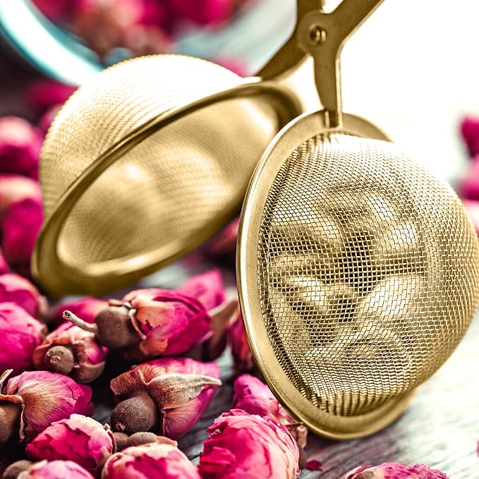 HIC Kitchen Gold Mesh Snap Tea Ball Infuser, Gold-Toned Titanium-Coated Stainless Steel, For Loose Tea, Set of 2