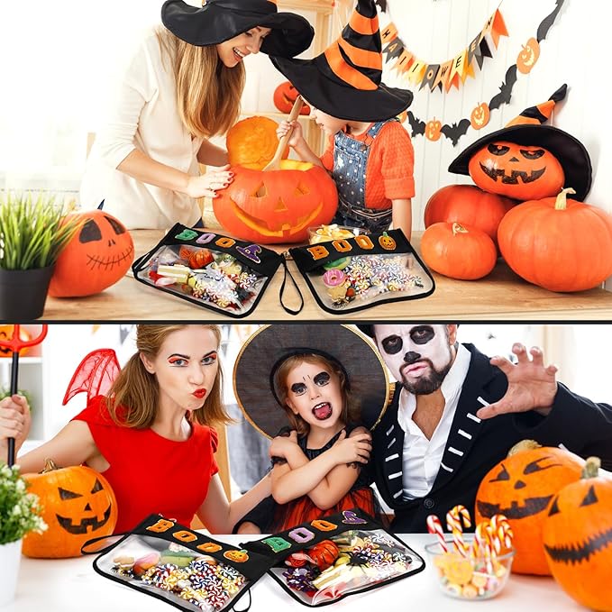 Remerry 2 Pcs Halloween Christmas Chenille Letter Clear Pouch Candy Treat Snack Goodie Bag PVC Makeup Cosmetic Bag Waterproof Preppy Purse Gifts for Women Girls (Boo Pumpkin & Witch Hat Set)
