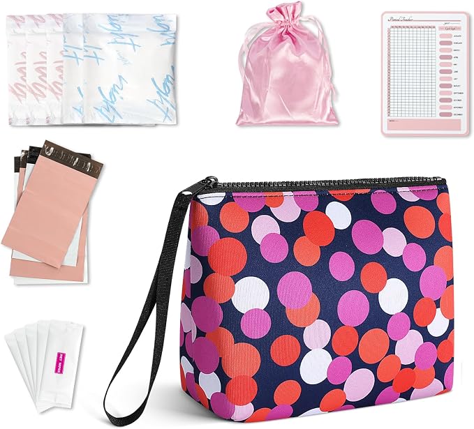 First Period Kit for Girls, Neoprene Cute Sanitary Napkin Storage Bag, Menstrual Pad Bag Tampon Holder for Purse, First Period Gifts for 9-12 (Dots)