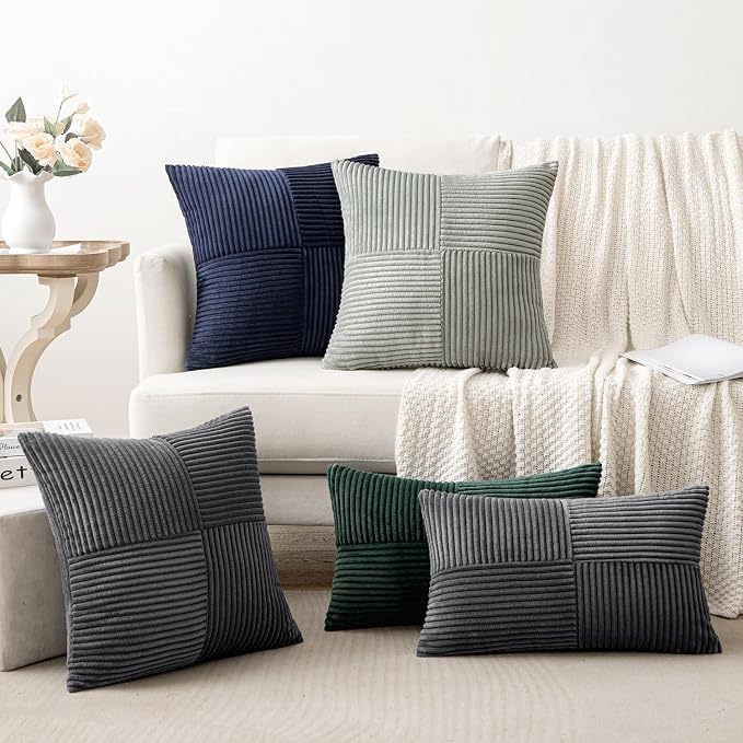 MIULEE Silver Grey Decorative Throw Pillow Covers for Couch 20x20 Inch | 2 Pack, Boho Farmhouse Pillow Covers, Soft Cross Corduroy Patchwork Textured Cushion Cases For Bed Sofa