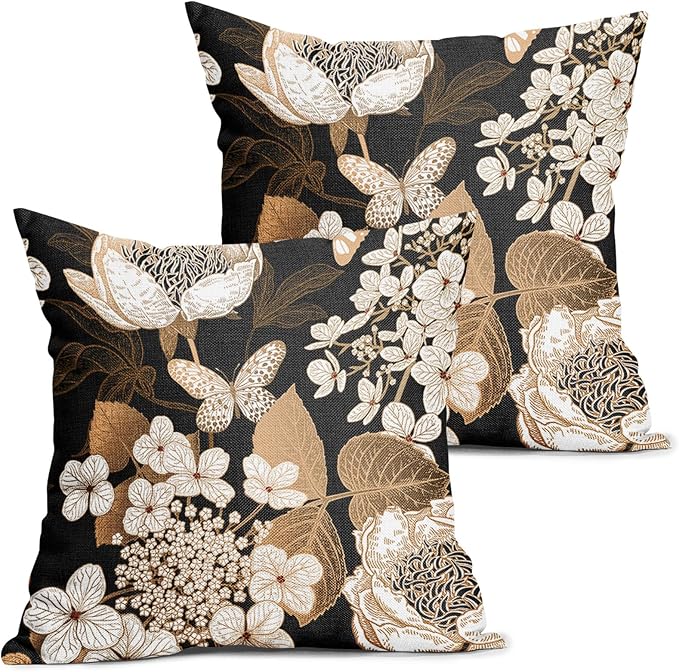 Vintage Floral Pillow Covers 24X24 Inch Set of 2 White Flowers Gold Leaves Botanical Decorative Pillow Cases Rustic Leaf Black Cotton Linen Cushion Case Farmhouse Home Decor for Sofa Couch