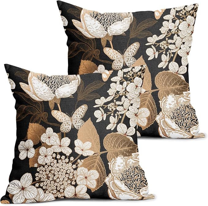 Vintage Floral Pillow Covers 22X22 Inch Set of 2 White Flowers Gold Leaves Botanical Decorative Pillow Cases Rustic Leaf Black Cotton Linen Cushion Case Farmhouse Home Decor for Sofa Couch