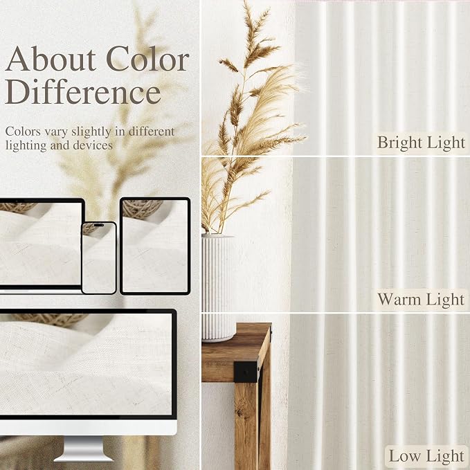 Nanspring Beige White Linen Curtains for Living Room 94 Inches Long Back Tab and Rod Pocket Light Filtering Semi Sheer Curtain Rustic Farmhouse Decor Luxury Drapes for Bedroom Office 52x94, 2 Panels