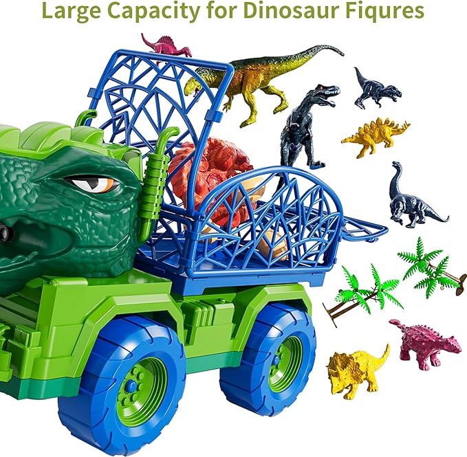 TEMI Dinosaur Truck Toys for Kids 3-5, Tyrannosaurus Transport Car Carrier Truck with Spray, 8 Dinosaur Figures, 3 Cars and 6 Eggs, Gifts for Boys and Girls 3 4 5 6 7