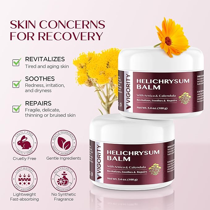 Vigority Helichrysum Balm Soothes & Repairs: Restorative Arnica Cream with Calendula for Bruised, Fragile & Thin Skin – Moisturizes, Revitalizes & Strengthens Skin Barrier for Adult Seniors - 3.4 oz