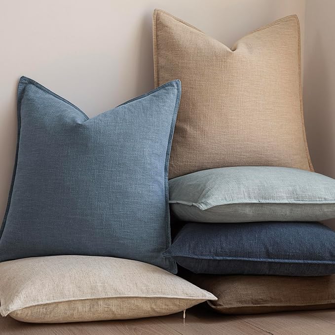 Foindtower Set of 2, Decorative Linen Solid Throw Pillow Covers Soft Accent Euro Cushion Case Boho Farmhouse Neutral Pillowcase for Couch Sofa Bedroom Living Room Home Decor 26 x 26 Inch Misty Blue