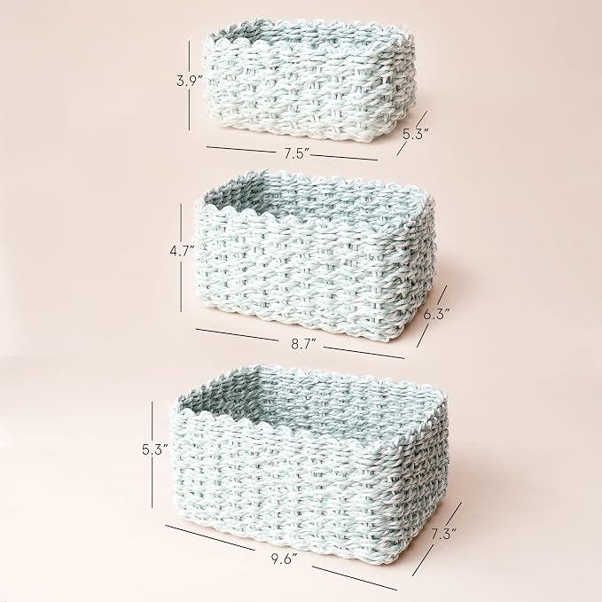 LA JOLIE MUSE Paper Rope Storage Baskets for Organizing, Recycled Wicker Storage Basket Container Bins for Shelves Cupboards Drawer, Small Woven Basket Set of 3 (Green White)