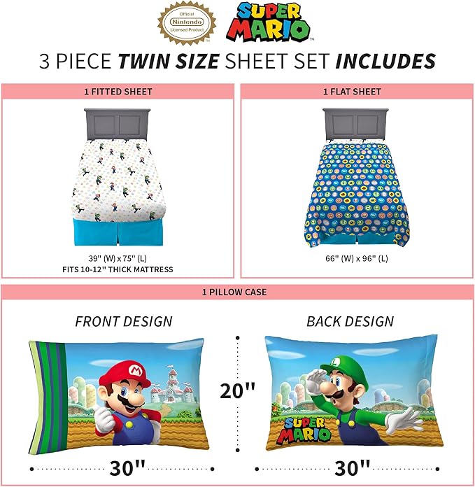 Franco Kids Bedding Super Soft Microfiber Sheet Set, Twin, Mario