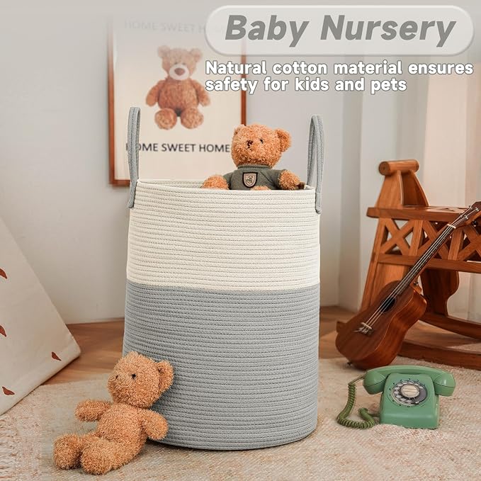 JMvicyroam 100L Cotton Rope Laundry Basket Hamper, White and Grey | Collapsible laundry basket, reinforced handles, freestanding, machine washable, holds 3-5 thick blankets, clothes or toys