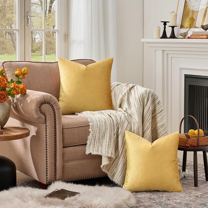 GIGIZAZA Yellow Velvet Pillow Covers 16x16 Decorative Pillows Pack of 2 | Throw Pillows for Couch Sofa,280gsm Soft Textured Fabric,Modern Square Pillowcases,Luxury Cushion Covers