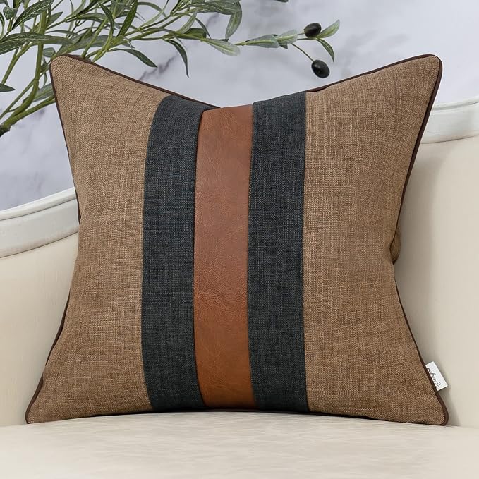 Patchwork Pillow Cover 20x20 Inch Luxury Cotton and Linen Cushion Cover Faux Leather Pillowcover for Couch Bedroom Living Room, Brown