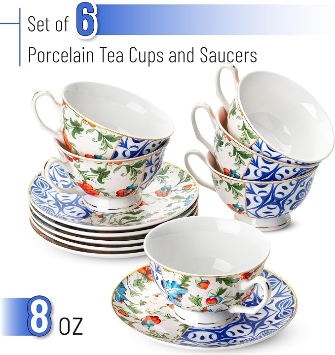BTaT- Floral Tea Cups and Saucers, 8 oz, Fine Porcelain Teacup Set with Gold Trim for Afternoon Tea, Weddings, Parties & Gifting, Dishwasher Safe, Lightweight, Non-Toxic, Set of 6
