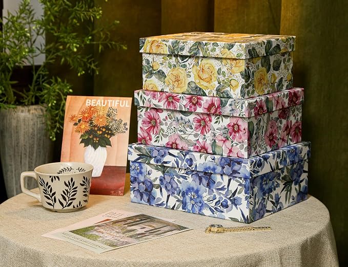 3-Piece Decorative Storage Boxes with Lids, Watercolor Floral Design Inspired by Garden Blooms, Cardboard Keepsake Box Set, Photo & Memory Storage for Home Decor and Modern Organization