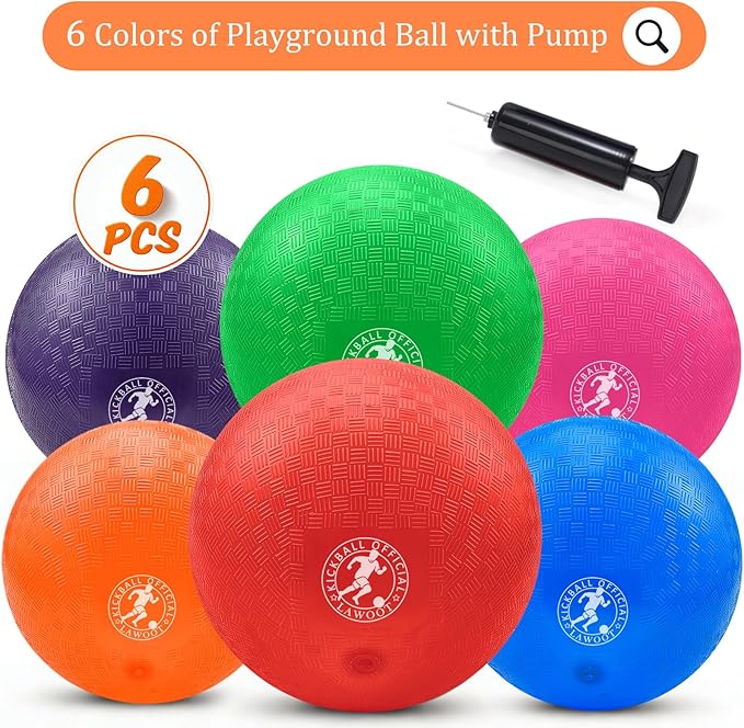 9 Inch Playground Ball Dodgeball Balls Kickball, Pack of 6, 4 Square Balls Dodge Balls for Kids, Kickballs Handball for Indoor Outdoor Games, Includes Pump