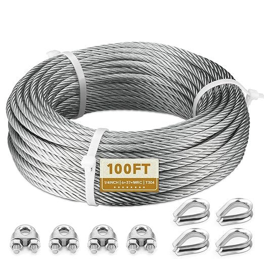 1/4" Stainless Steel Cable, 100FT Wire Rope Aircraft Cable with Cable Clamps and Thimbles for Backyard Zipline, String Lights and Deck Railing, 6x37 Strands Construction
