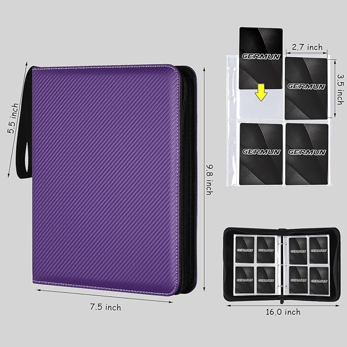 GERMUN 4 Pocket Card Binder, Premium Zip Trading Card Binder, 400 Double Sided Pocket PU Card Collection Binder, Collector Card Album, Card Folder for MTG, TCG, Sports Cards, Game Cards (Purple)