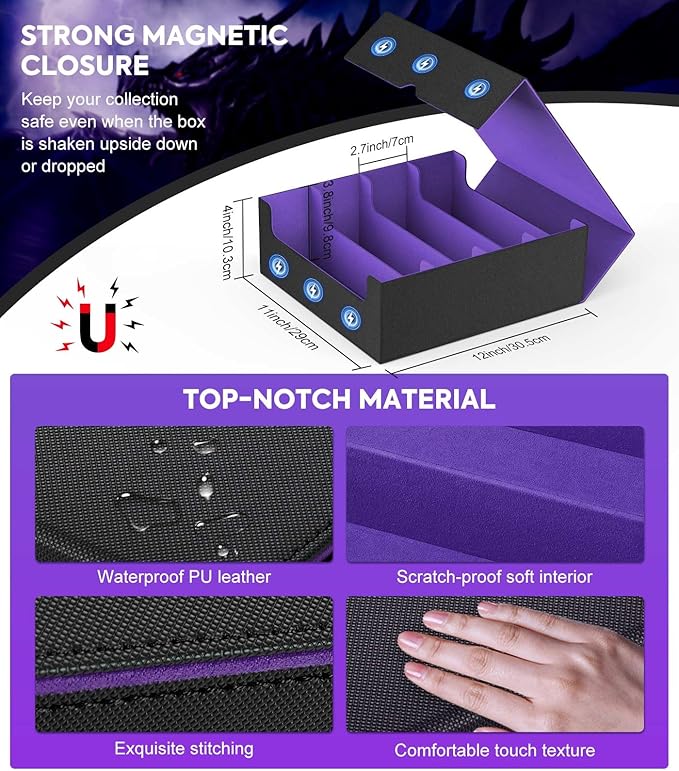 MoKo Trading Card Storage Box, 3000+ MTG Deck Box with 24 Colorful Dividers & 4 Card Supporters, Commander Card Deck Case Fits for Magic Game Cards, YugiOh, TCG, PTG and Sport Cards, Black Purple