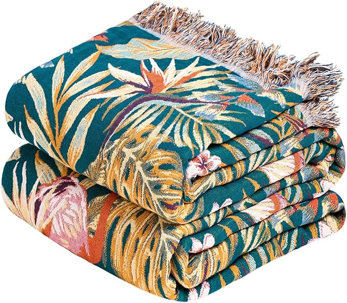 MSGKV Boho Throw Blanket 50"x60" Vintage Jungle Bird Blanket for Couch | Muslin Throw, Jungle Bird Pattern, Reversible Woven, Lightweight Comfort, Farmhouse Decor, All Seasons, Machine Washable