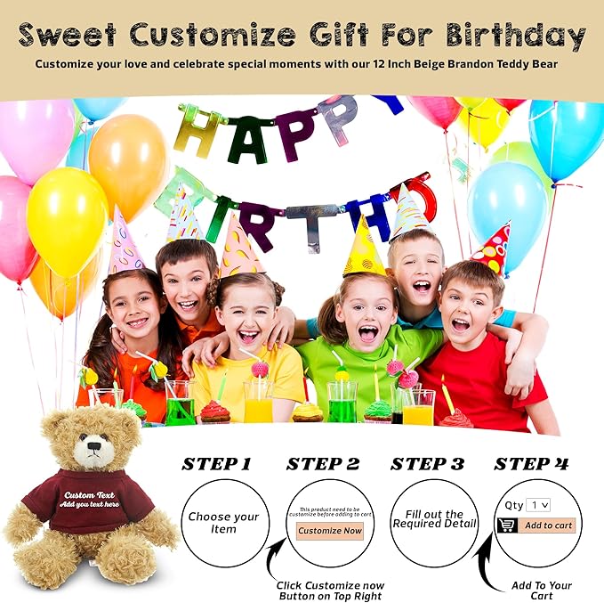 Customized Beige Brandon Bear - 12 inch Personalized Stuffed Bear Plush Toy - Perfect Custom Shirt Bear Gift for Graduation Valentines Graduation Easter Holidays (Mehroon Shirt)