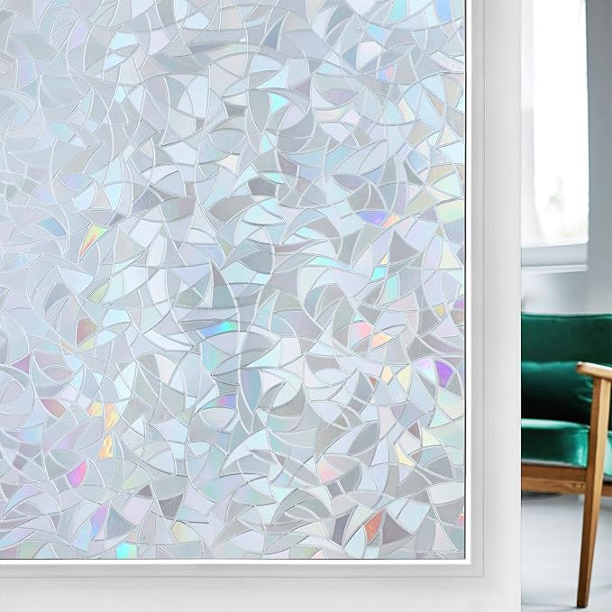 rabbitgoo Rainbow Window Privacy Film, Static Cling, Silver, 23.6" x 157.4" | Decorative Static Sticker, Non-Adhesive Reusable Window Tint, Heat Control UV Blocking Coverings for Home Doors, Living Room