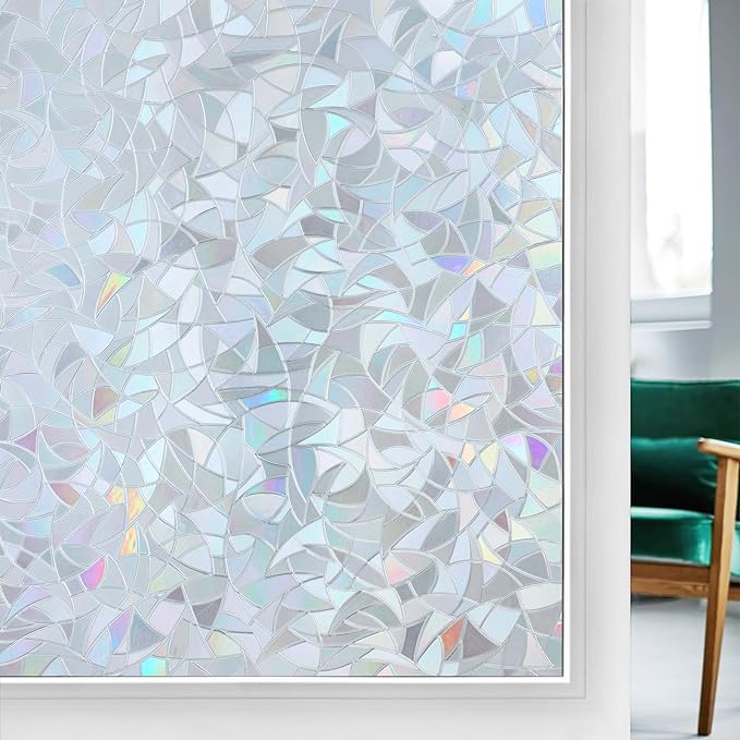 rabbitgoo Rainbow Window Privacy Film, Static Cling, Silver, 35.4" x 78.5" | Decorative Static Sticker, Non-Adhesive Reusable Window Tint, Heat Control UV Blocking Coverings for Home Doors, Living Room