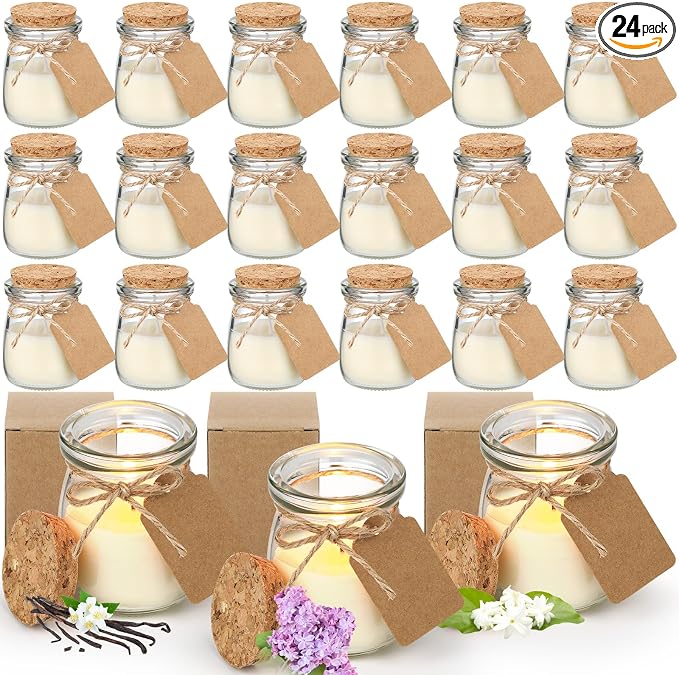 MTLEE 24 Pcs Wedding Jar Candles for Guests Wedding Candle Gift Natural Wax Candles with DIY Tag Cards for Bridesmaid Baby Shower Party Favors Home Supply Decor, Scents of Vanilla/Lilac/Jasmine