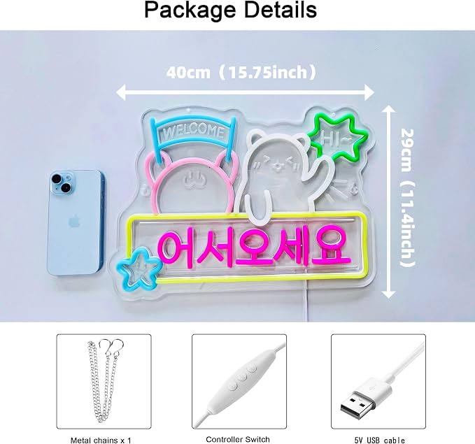 Korean Welcome Neon Sign，Bar Shop LED Light Sign Wall Decor | Neon Lights Hanging Wall Art Decoration for Korean Store Soju Markets Kitchen Home Decor, USB Powered Dimmable,15.75×11.4 In