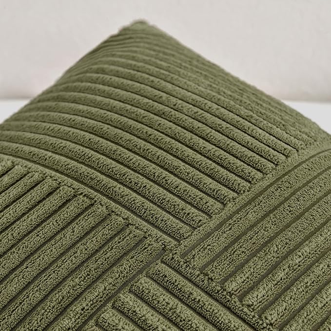 Fancy Homi 2 Packs Olive Green Decorative Throw Pillow Covers 18x18 Inch for Living Room Couch Bed Sofa, Rustic Farmhouse Boho Home Decor, Soft Corss Corduroy Patchwork Textured Cushion Case 45x45 cm