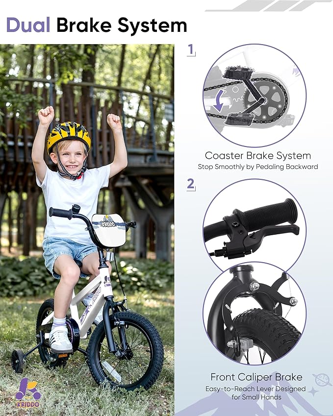 KRIDDO 14-16 Inch Kids Bike for Ages 3–8, Boys and Girls Bicycle with Removable Training Wheels, Bicycle for Kids with Hand Brake & Coaster Brake, Adjustable Height, DIY Name Plate