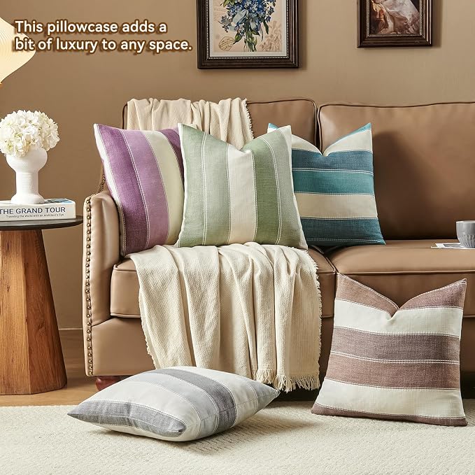 Pack of 2 Farmhouse Stripe Check Throw Pillow Covers Set Case Cotton Linen Decorative Pillowcases Cushion Cover for Couch Bench Sofa 20x20Inch Brown