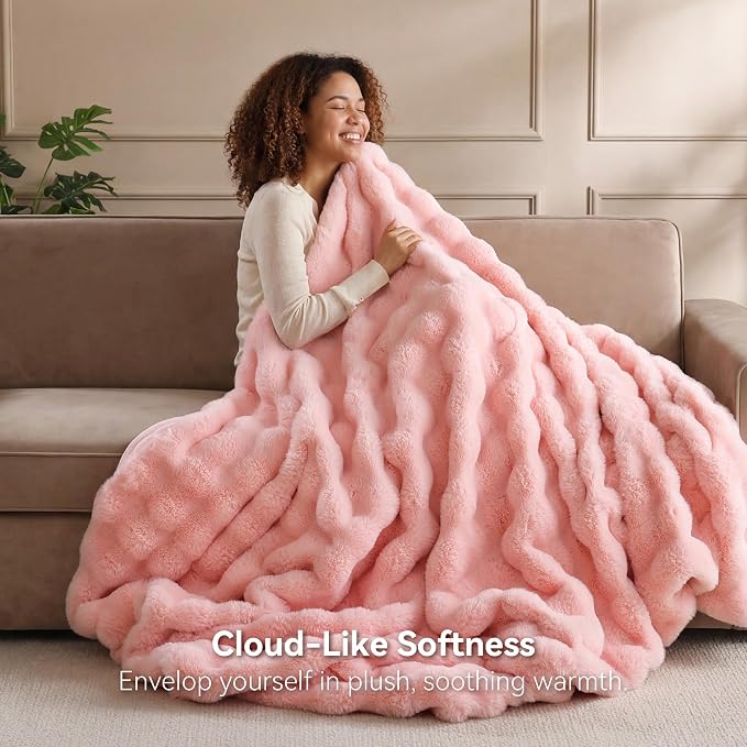 Faux Rabbit Fur Throw for Couch - Blush Pink Bubble Blanket 60"x80" | Fluffy Plush Fuzzy Throw for Sofa & Bed, Super Soft Cozy Comfrt Blanket, Luxury Aesthetic Pink Decor Gift for Women