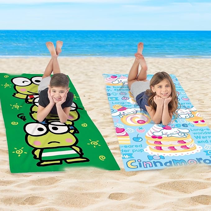NORTHWEST Hello Kitty Beach Towel 2-Pack – Oversized, Soft, Absorbent, Fast-Drying, Sand-Free Pool Towels Featuring Keroppi, Cinnamoroll & Hello Kitty Designs 30" x 60"
