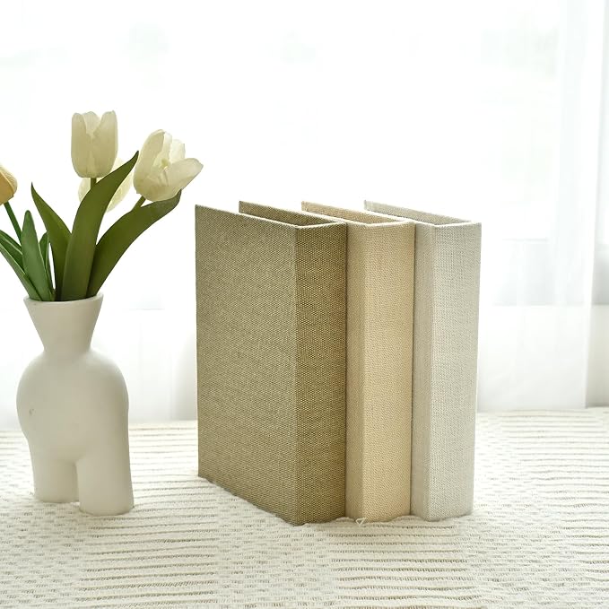 DECOR4SEASON Modern Linen and Wood Decorative Faux Book Boxes Set of 3,10" | Taupe,Beige,Off White