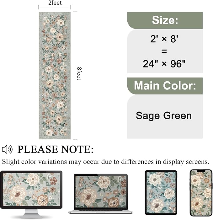 DUKINO 2x8 Runner Rug, Washable Runner Rug for Kitchen Non Slip, Sage Green | Floral, Low Pile, Soft Indoor Rug for Hallway, Entryway, Bedroom, Bathroom, Pet Friendly, Stain Resistant, Modern Home Decor