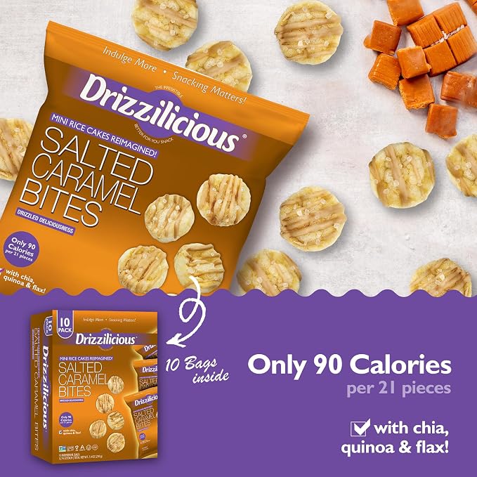 Drizzilicious Mini Flavored Rice Cakes Salted Caramel - Rice Crisps, Healthy Snack for Adults and Kids, Vegan, Gluten Free Snack, Allergen Free, Only 90 Calories Per Bag - 0.74 oz (Pack of 10)