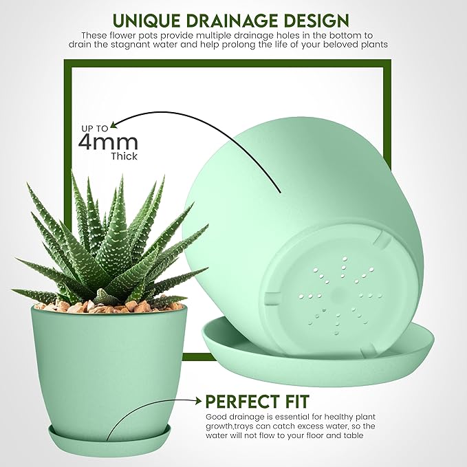 Utopia Home - Plant Pots Indoor with Drainage - 7/6.6/6/5.3/4.8 Inches Home Decor Flower Pots for Indoor Planter - Pack of 5 Plastic Planters for Indoor Plants, Cactus, Succulents Pot - Mint | Drainage holes included Multiple sizes 7/6.6/6/5.3/4.8 In I...