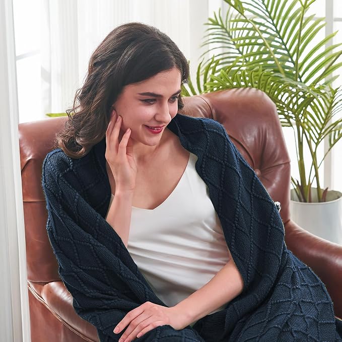 inhand Dark Blue Knitted Throw Blanket for Couch and Bed, 60"x80" | Soft Cozy Knit Blanket with Tassel, Lightweight Decorative Blankets and Throws, Farmhouse Warm Woven for Men and Women