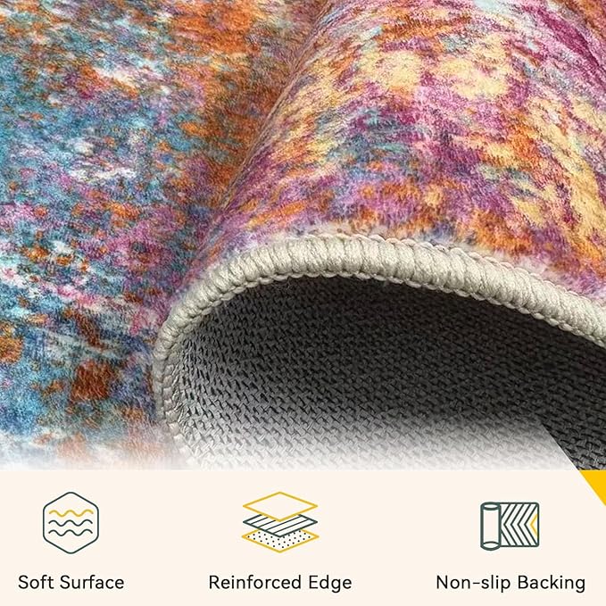 RELEANY Washable Area Rugs 6'x9' Non-Slip Modern Abstract Soft for Living Room Entryway Bedroom Kitchen, Print Pattern, Orange Blue Pink Yellow Colorful