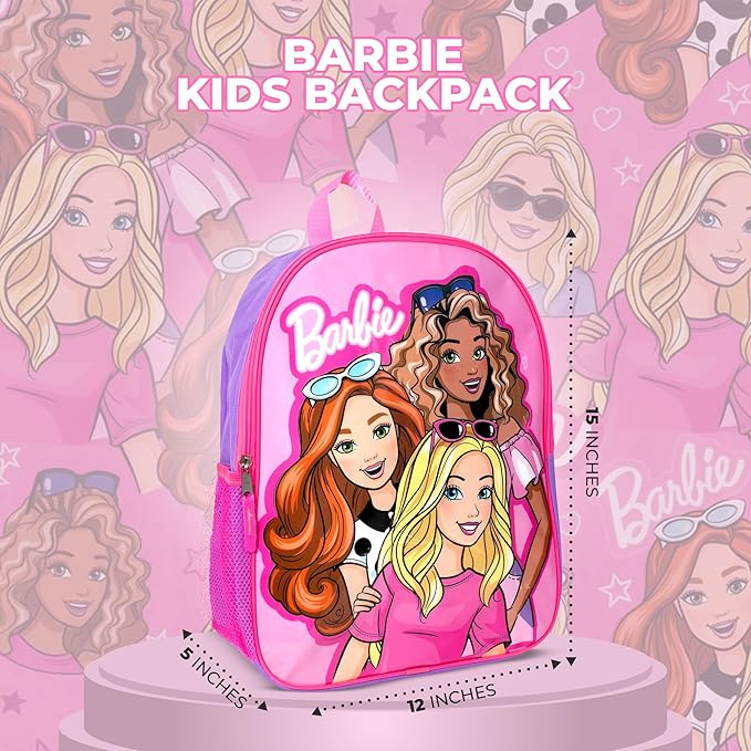 AI ACCESSORY INNOVATIONS Barbie Backpack for Girls, Elementary School Book Bag with Padded Straps, Pink
