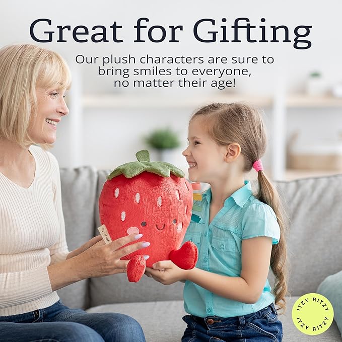 Itzy Ritzy Snuggles Plush Toy – Soft Stuffed Animal for Babies, Kids & Adults – Sensory Ribbons & Textured Fabrics for Tactile Play – Cozy & Cuddly Companion for Newborns & Up (Strawberry)