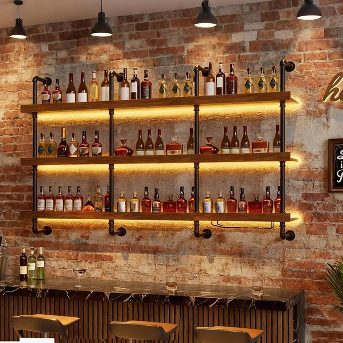 78.7in Wall Mounted Wine Rack with LED Light Solid Wood | 3-Tiers Liquor Bottles Floating Shelves Display Storage Organizer for Home Bar & Dining Room