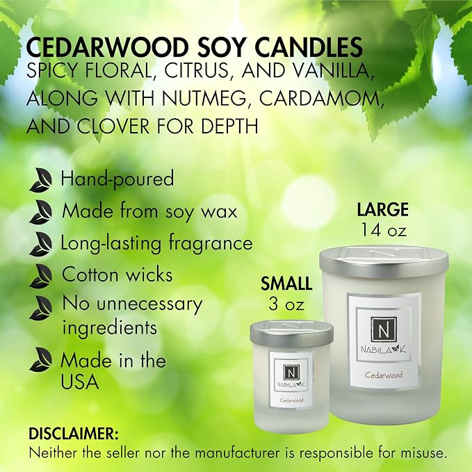 Nabila K - Cedarwood - Soy Candle with Essential Oils - Hand-Poured in USA - Cotton Wick - Aromatherapy - Blend of Cedarwood, Patchouli, Eucalyptus, Vanilla, Lemon, Eucalyptus & More - 3 oz
