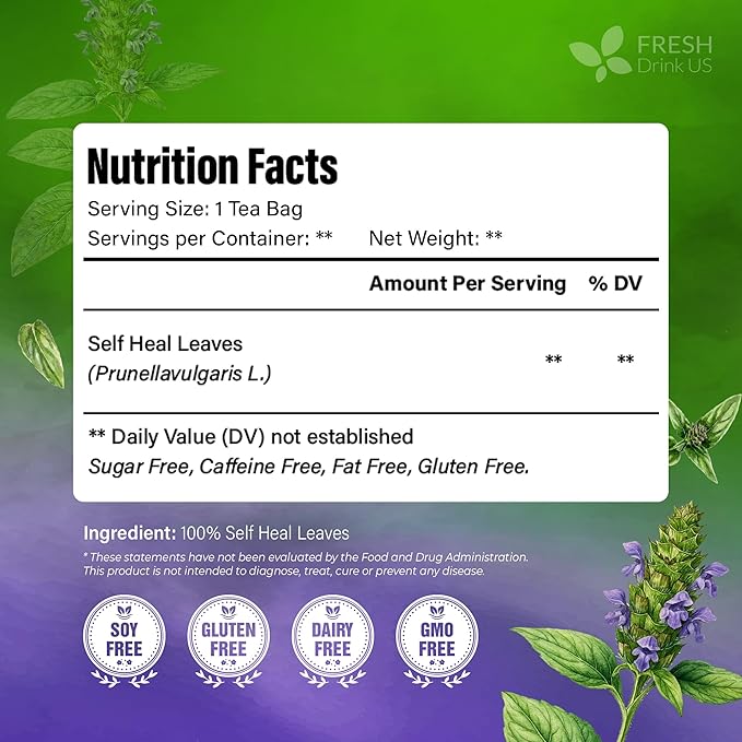 FreshDrinkUS, Premium Self Heal Leaves Tea | 40 Tea Bags | Premium Dried Self Heal Herb for Herbal Tea – Naturally Caffeine-Free, Clean & Convenient Tea Bags. Sugar-Free. Vegan