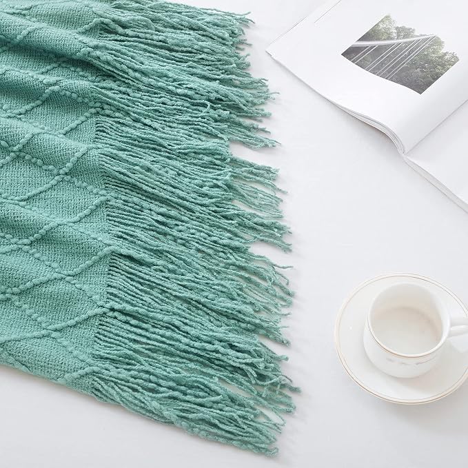 BOURINA Dark Cyan Throw Blanket 50x90 Inch Boho Knit Soft Throw Bed Blanket | Knitted Throw Blanket 50x90 Inches, Soft Lightweight Boho Weave Throw Decorative Couch Blanket for Living Room Bed Runner