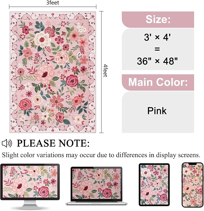 DUKINO 3x4 Area Rug, Floral Washable Rug for Kitchen Non Slip, Pink | Low Pile, Soft, Stain Resistant Indoor Rug for Entryway, Bedroom, Bathroom, Laundry, Pet Friendly, Home Decor, Lightweight
